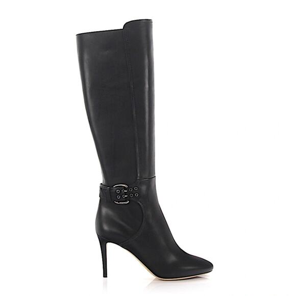 Jimmy Choo Black Darwin 85 Leather Boots Zip Buckle Stiletto sz 37.5 - Picture 2 of 12